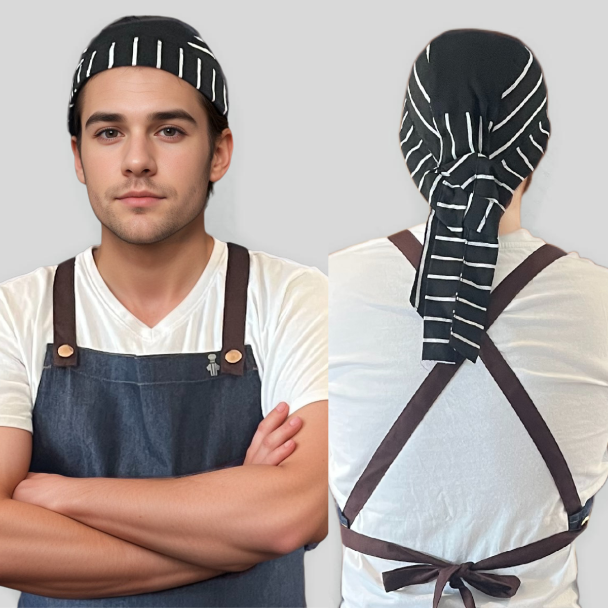 Chef Bandana Cap Black White Striped with Mesh Top