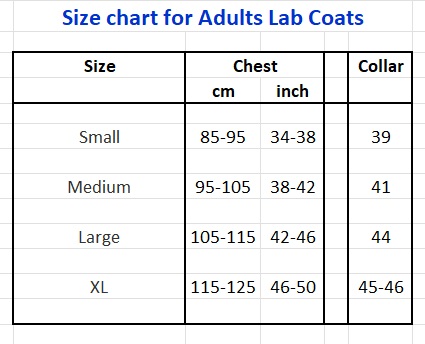 Adults Lab Coats - size chart