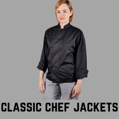 Classic and traditional chef jackets available in white and black, featuring timeless double-breasted designs, perfect for professional kitchens and culinary use.