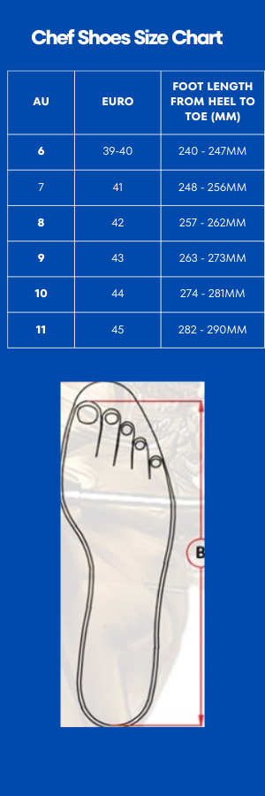 Size chart for chef shoes, clogs, and footwear