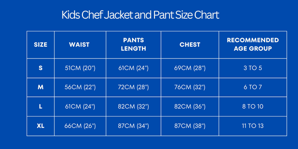 Kids Chef Jackets and Pants Size Chart