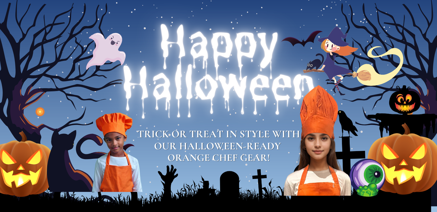 Halloween orange chef costumes from Handy Chef, featuring matching aprons and hats for kids and adults, perfect for festive cooking and spooky fun.